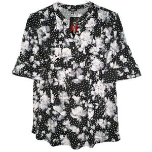 NWT Cocomo Plus Size 3X Black & White Floral Print Pintuck 3/4 Short Sleeve Top